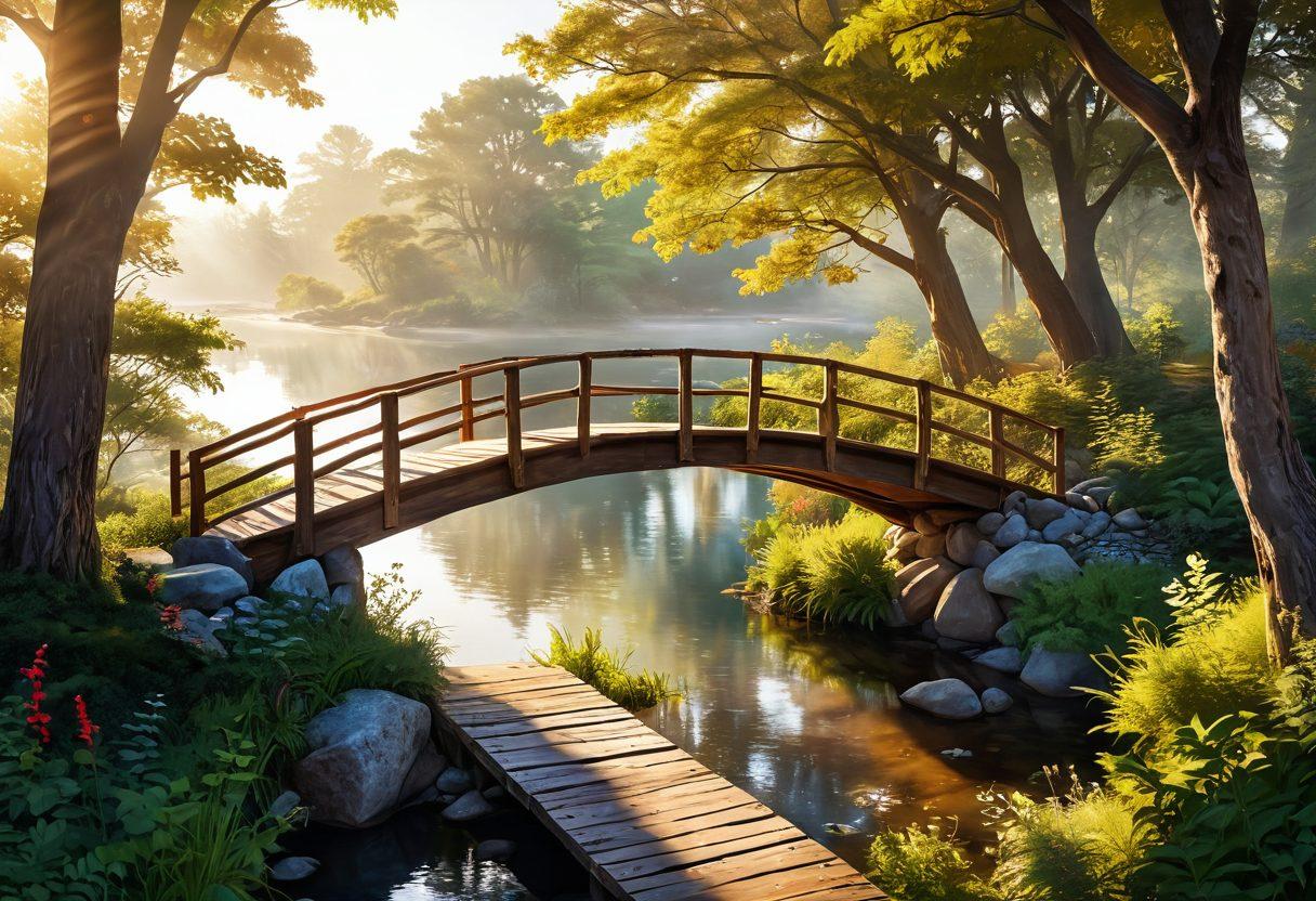 A serene landscape showing a vibrant bridge connecting a lush wildlife habitat on one side, filled with various animals, and a cozy pet owner's home with pets on the other side. The bridge symbolizes unity and compassion, with subtle elements like footprints of pets merging with animal tracks on the bridge. Soft sunlight filters through the trees, casting a warm glow over the scene. This illustration should evoke feelings of harmony and care for both wildlife and pets. super-realistic. vibrant colors. peaceful atmosphere.