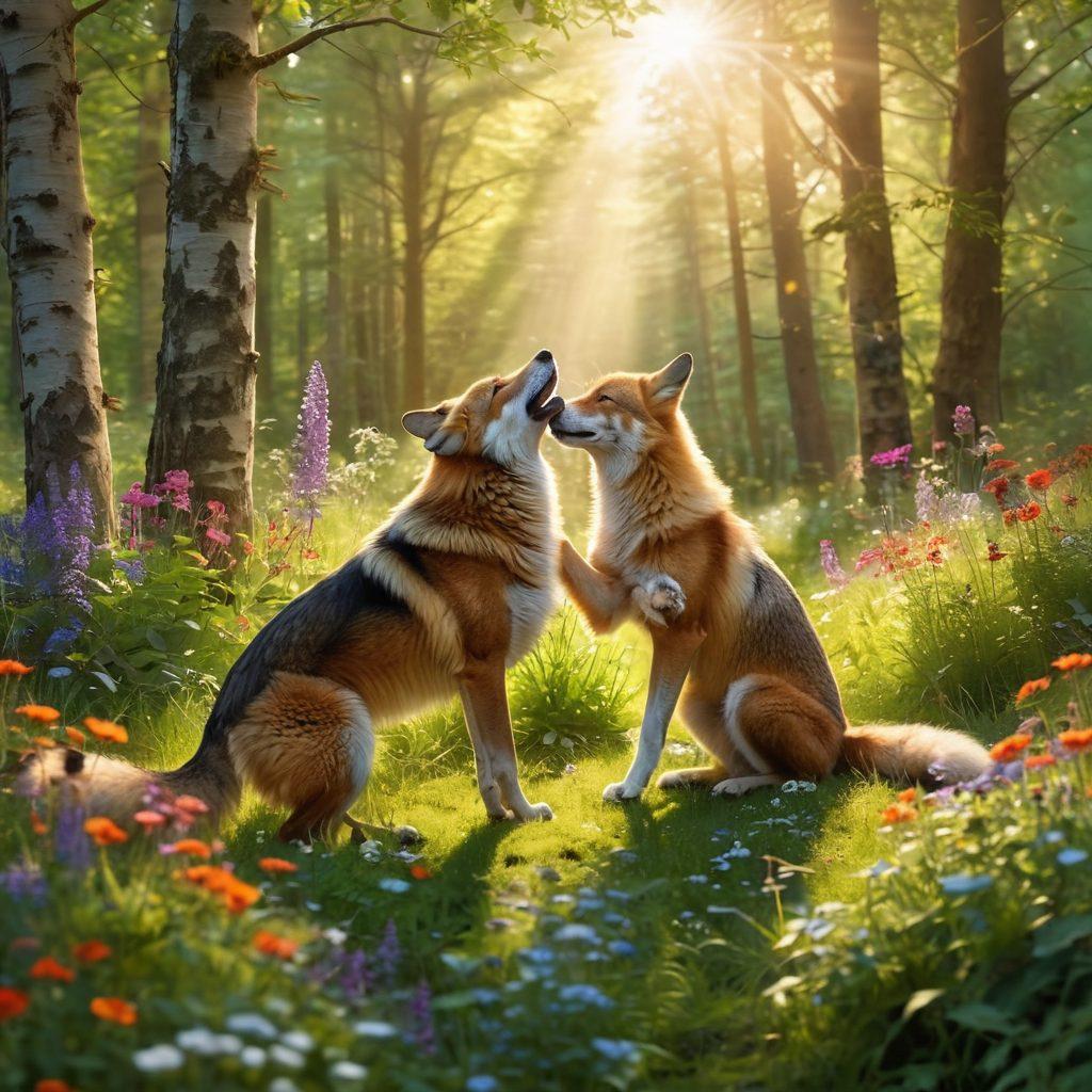 A serene scene depicting a wild canid, such as a wolf or fox, playfully interacting with a domestic dog in a lush forest setting. Vibrant wildflowers surround them, with sunlight filtering through the trees, creating a warm and inviting atmosphere. The bond between the two animals is highlighted, conveying friendship and mutual respect. In the background, hints of their habitats intertwine, showing the connection between wild and domestic life. super-realistic. vibrant colors. nature-inspired.