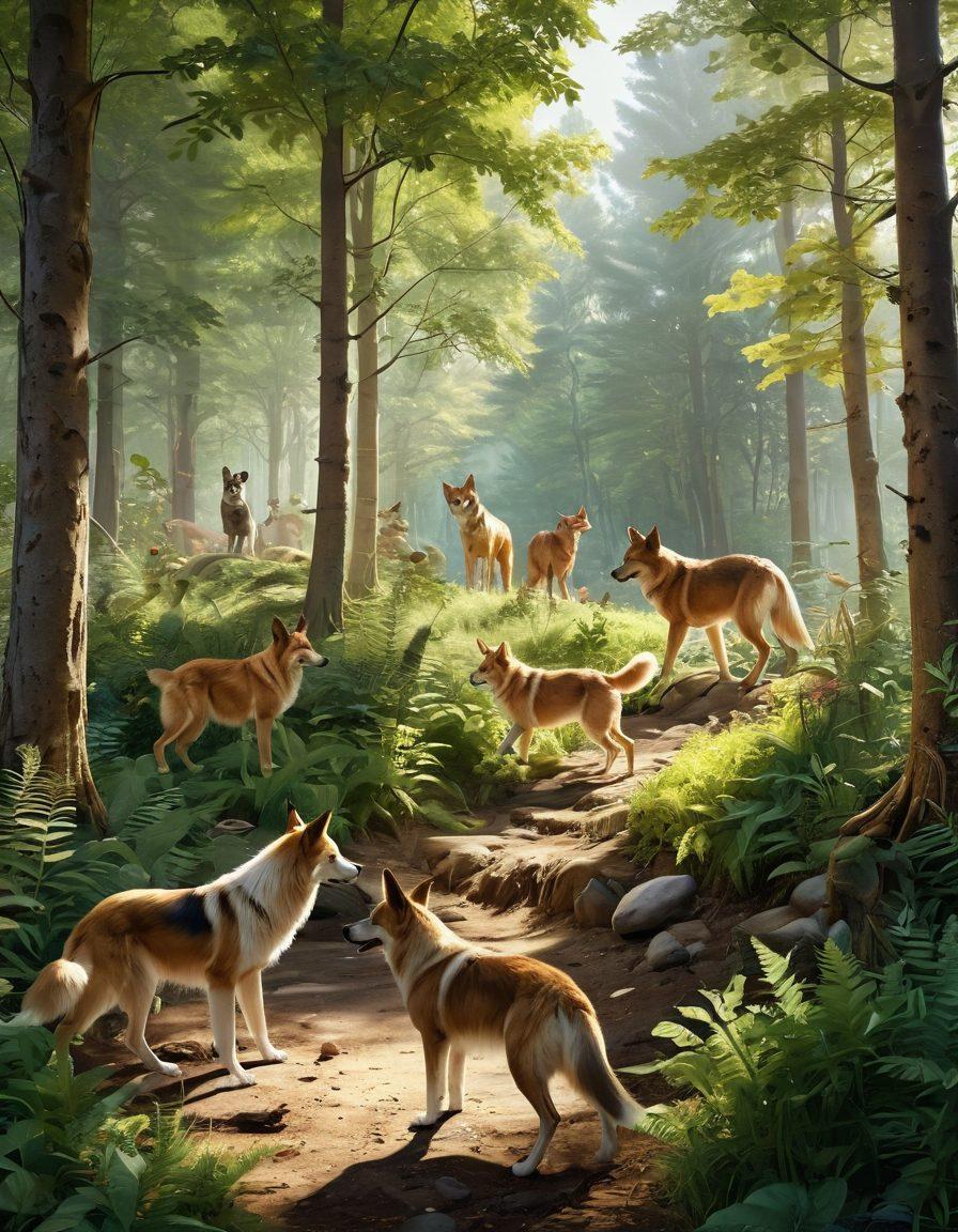 A lush forest landscape with wild canids playfully interacting, symbolizing harmony with nature. In the foreground, a diverse group of people is planting trees and tending to pets, showcasing advocacy for wildlife and responsible pet care. Soft sunlight filters through the leaves, illuminating the scene, creating a sense of hope and community. The overall mood should be vibrant and uplifting. super-realistic. vibrant colors. natural setting.